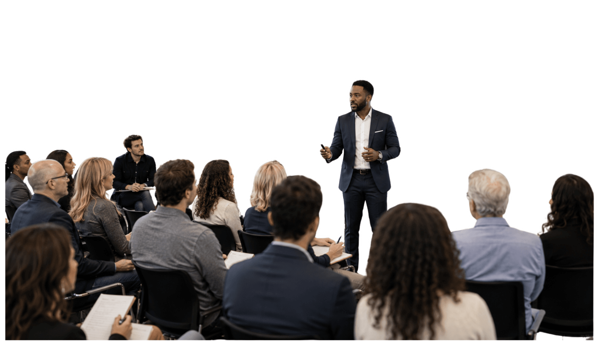 A coach presenting to a full room at a webinar